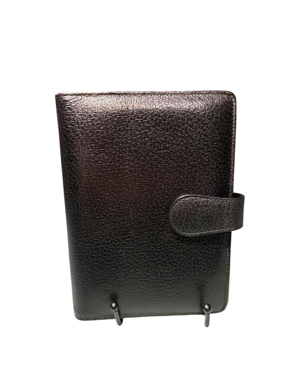 Vintage Gucci Black Textured Leather 6-Ring Agenda Planner - Gold Hardware